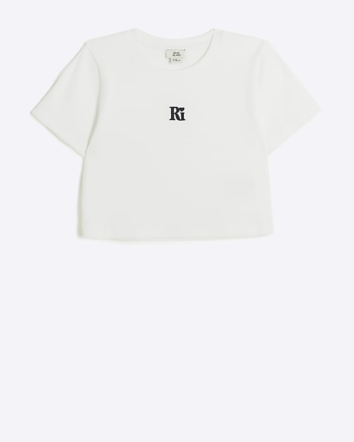 Girls white ribbed embroidered crop t-shirt