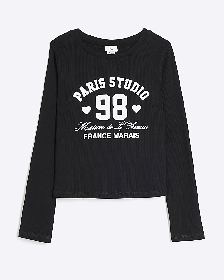 Girls black graphic long sleeve t-shirt