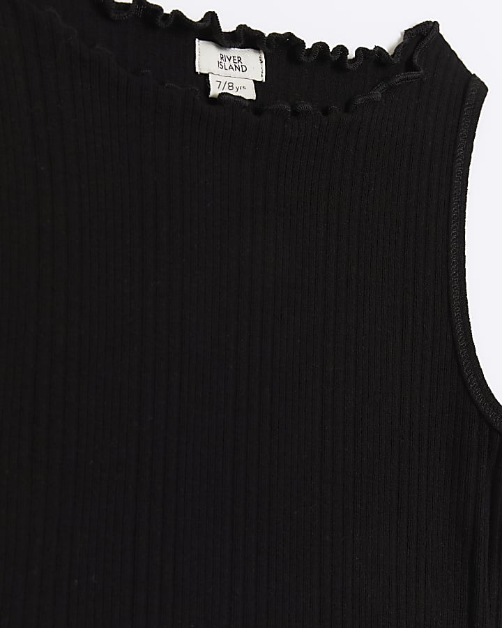 Girls black ribbed lettuce hem vest top