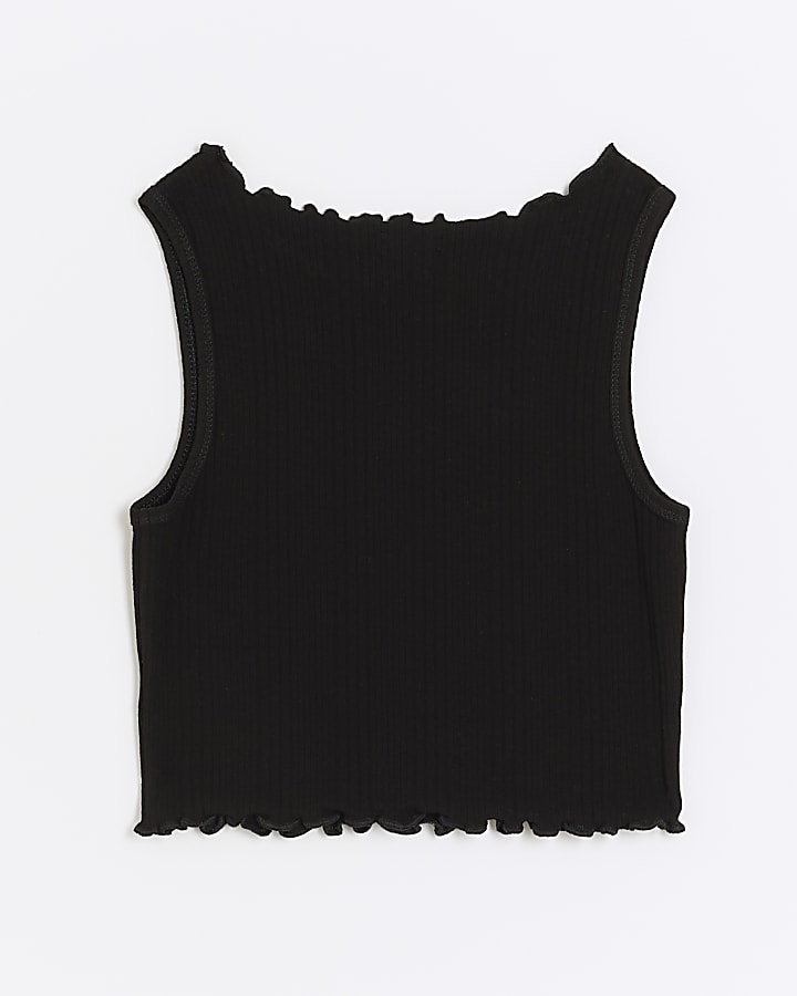 Girls black ribbed lettuce hem vest top