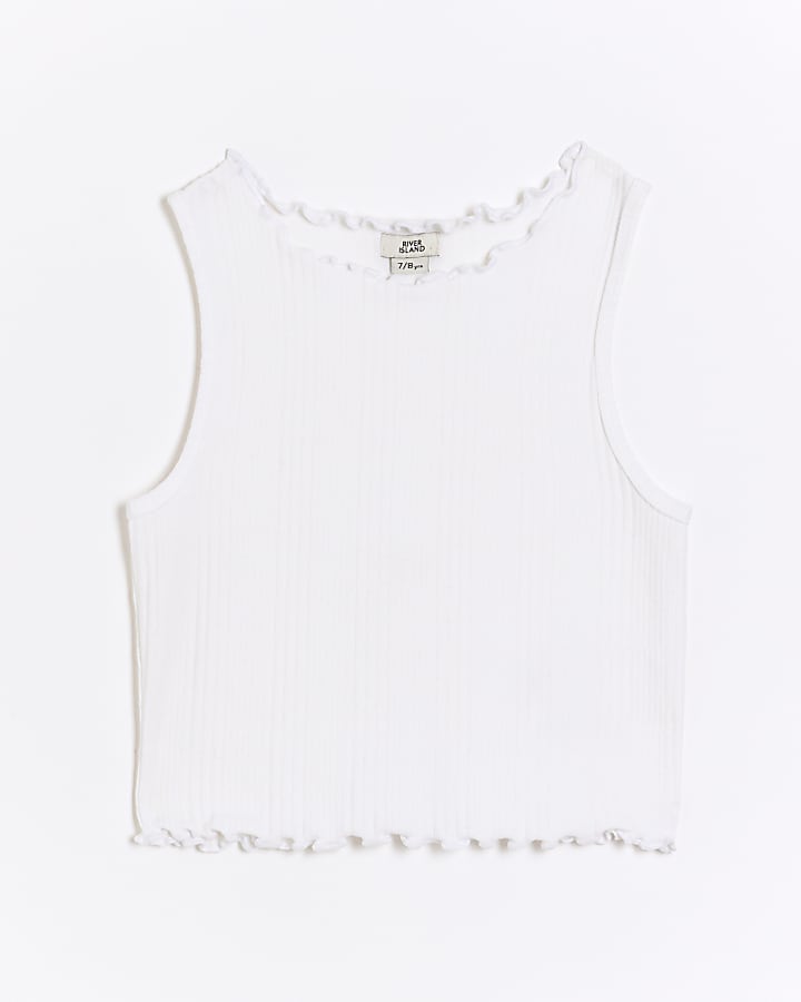 Girls white ribbed lettuce hem vest top