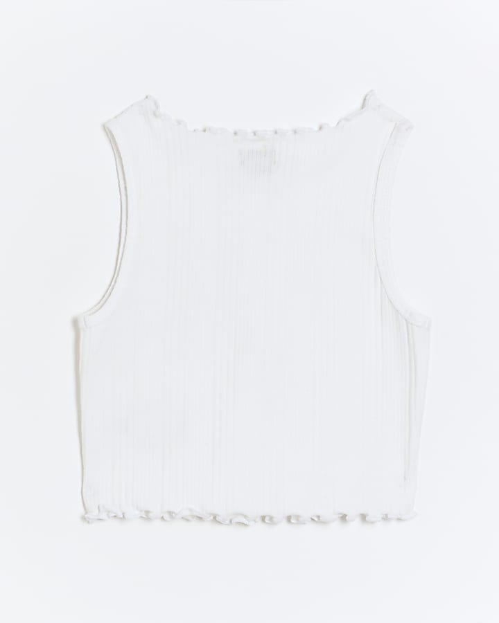 Girls white ribbed lettuce hem vest top