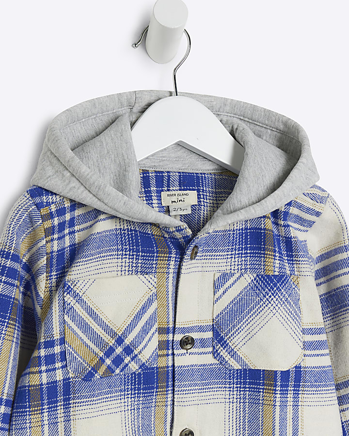 Mini Boys Blue Check Hooded Shacket Set