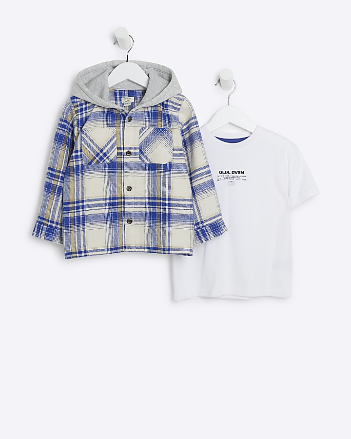 Mini Boys Blue Check Hooded Shacket Set