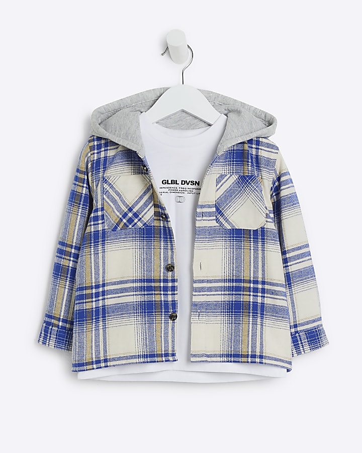 Mini Boys Blue Check Hooded Shacket Set