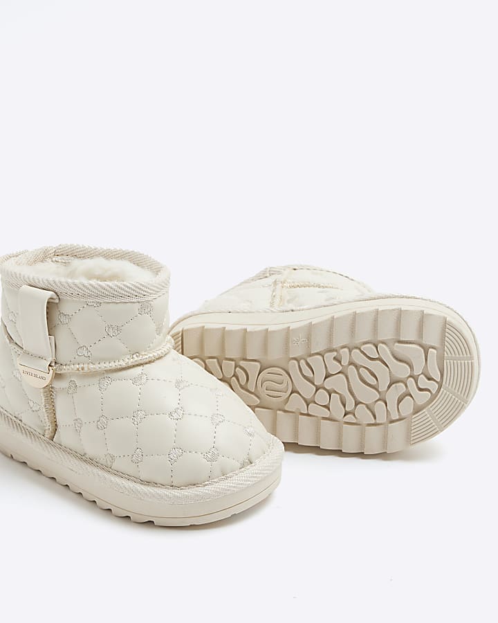 Mini Girls Cream Heart Quilt Fur Lined Boots