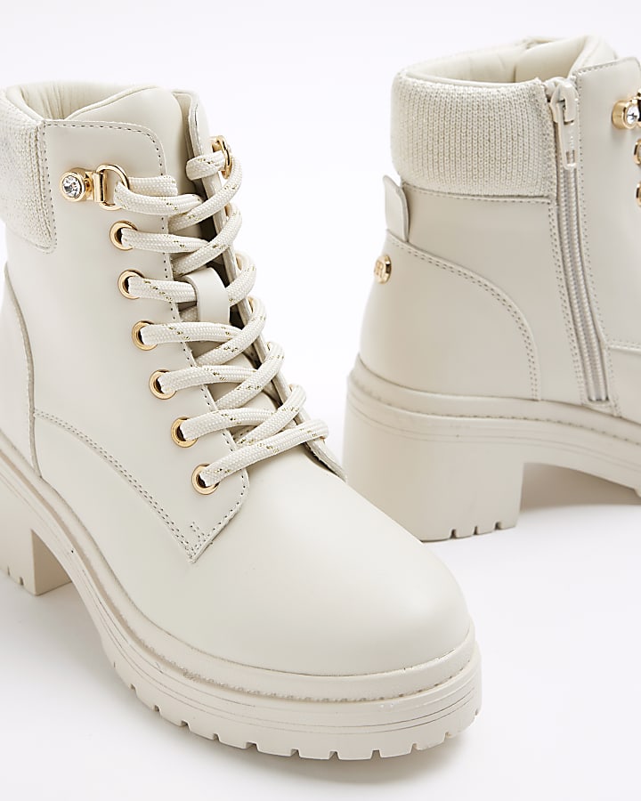 Girls Cream Heeled Hiker Lace Up Boots