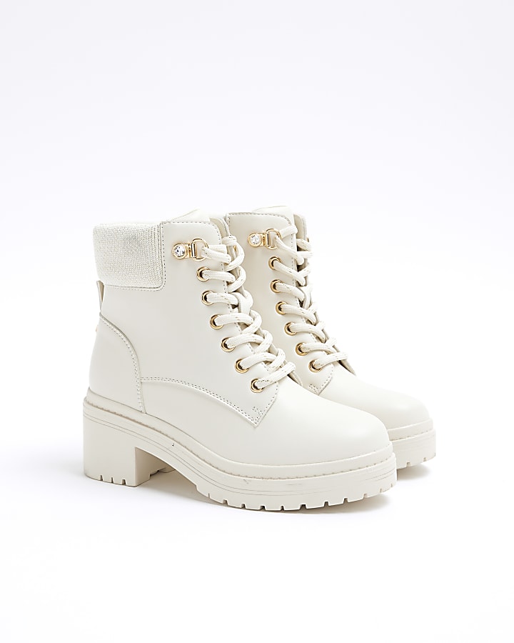 Girls Cream Heeled Hiker Lace Up Boots