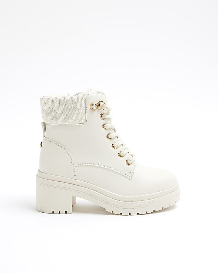 Girls Cream Heeled Hiker Lace Up Boots