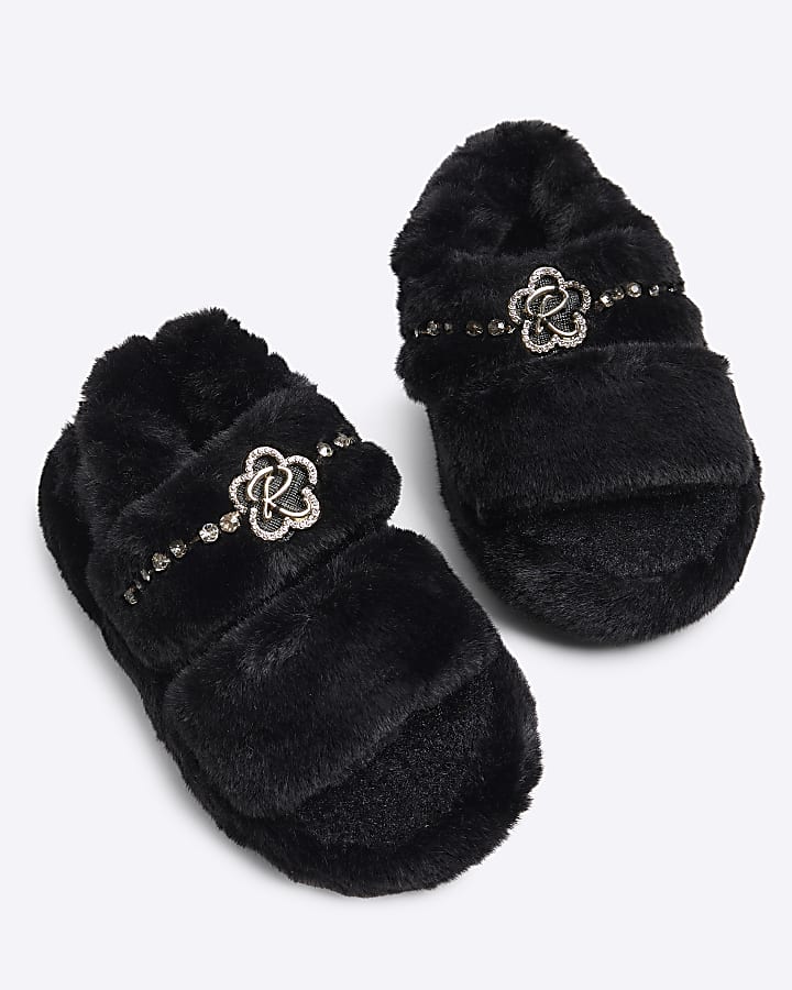 Girls Black Faux Fur Open Toe Slippers