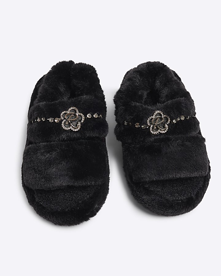 Girls Black Faux Fur Open Toe Slippers