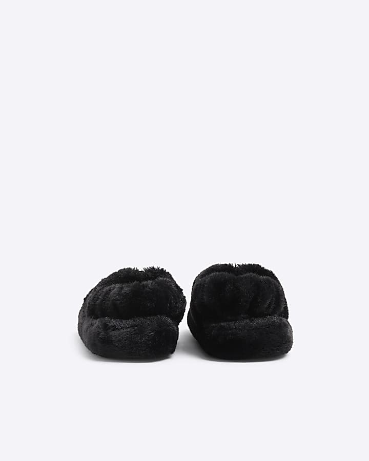 Girls Black Faux Fur Open Toe Slippers