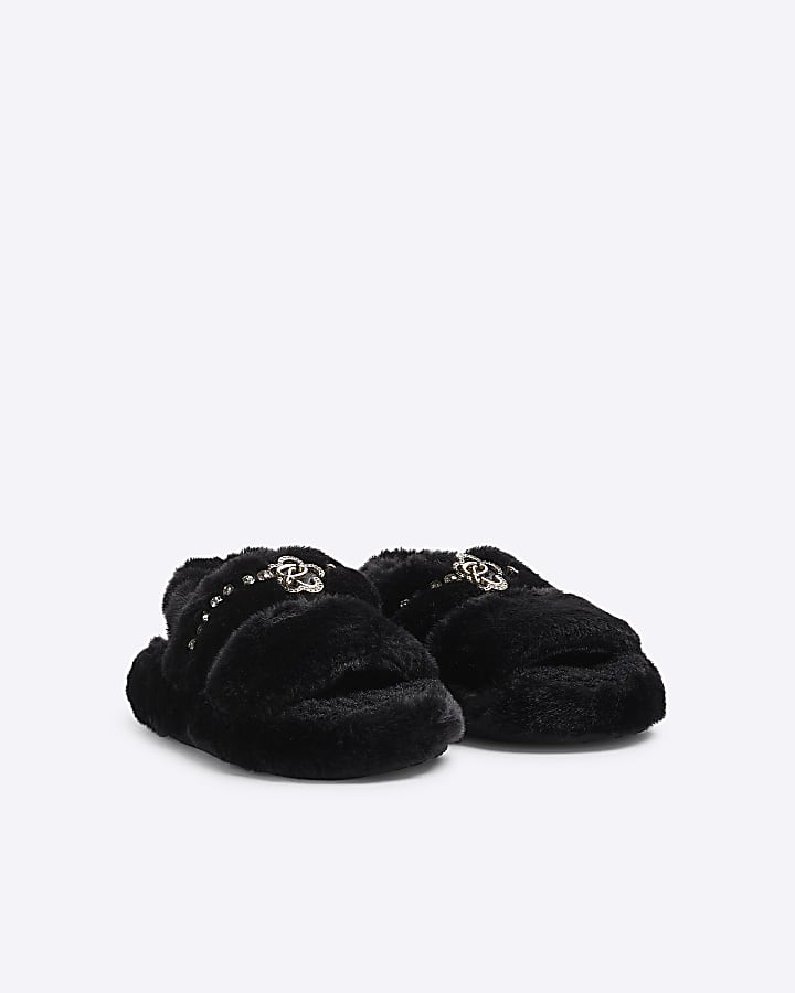 Girls Black Faux Fur Open Toe Slippers