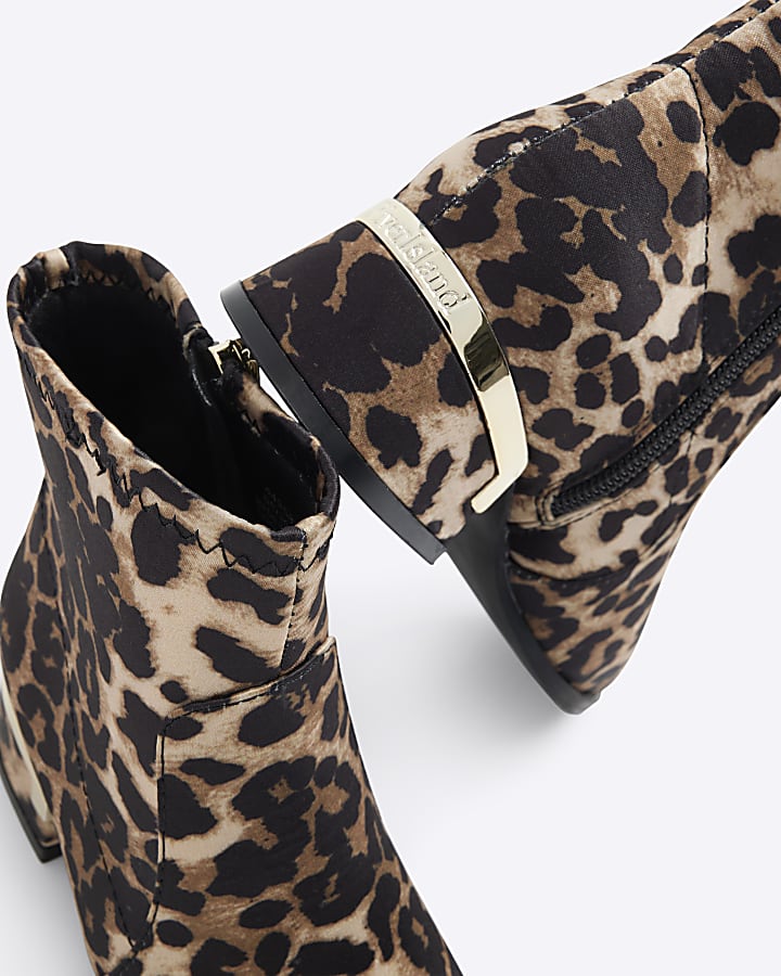 Girls Brown Leopard Heeled Boots