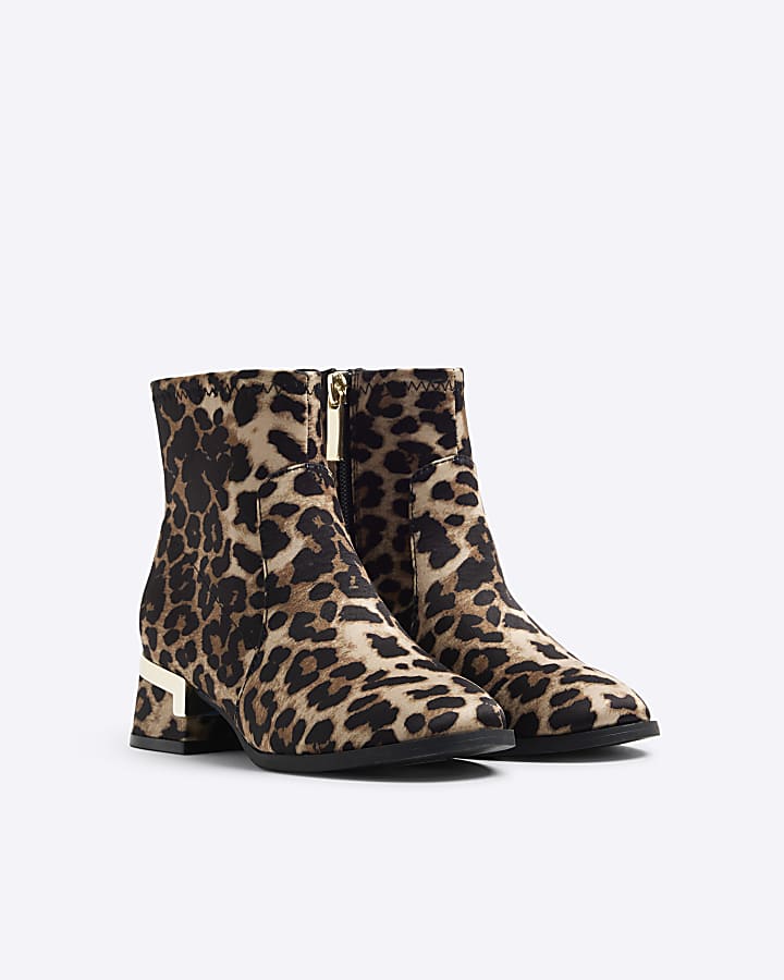 Girls Brown Leopard Heeled Boots