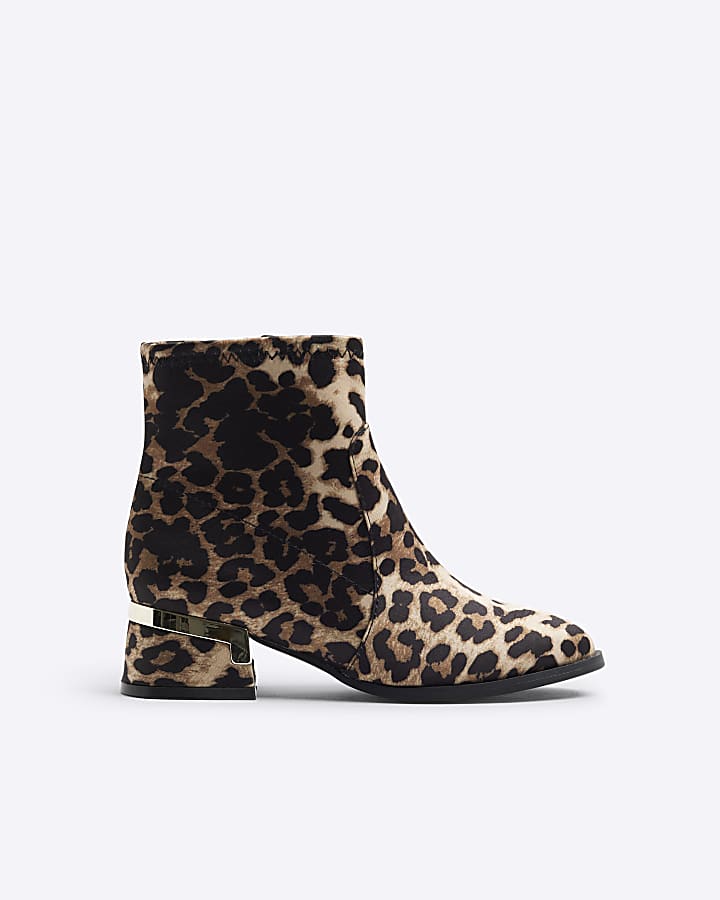 Girls Brown Leopard Heeled Boots