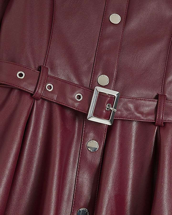Girls Red Faux Leather Godet Shirt Dress