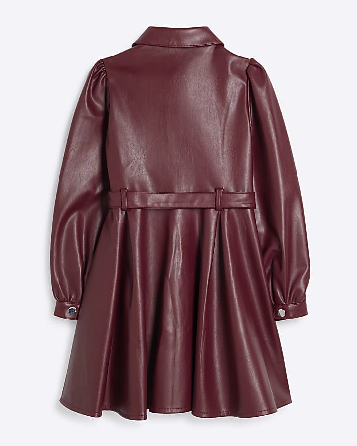 Girls Red Faux Leather Godet Shirt Dress
