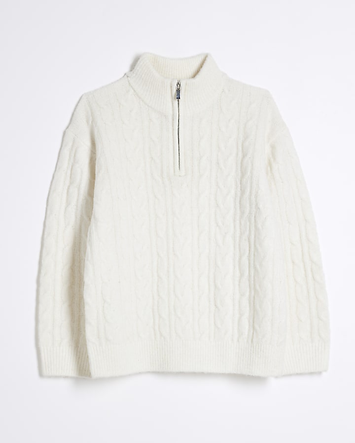Boys Beige Cable Knit Funnel Jumper