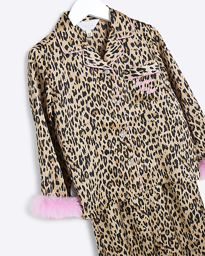 Mini Girls Brown Faux Fur Leopard Pyjamas