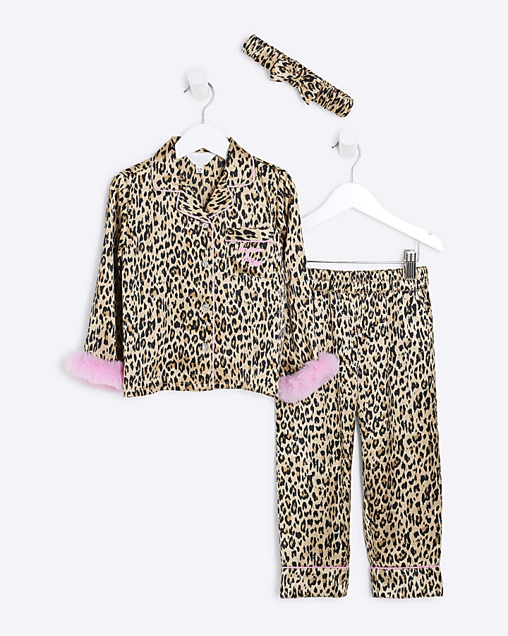 Mini Girls Brown Faux Fur Leopard Pyjamas