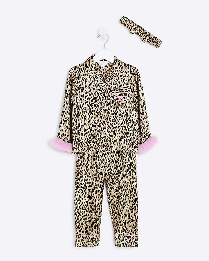 Mini Girls Brown Faux Fur Leopard Pyjamas