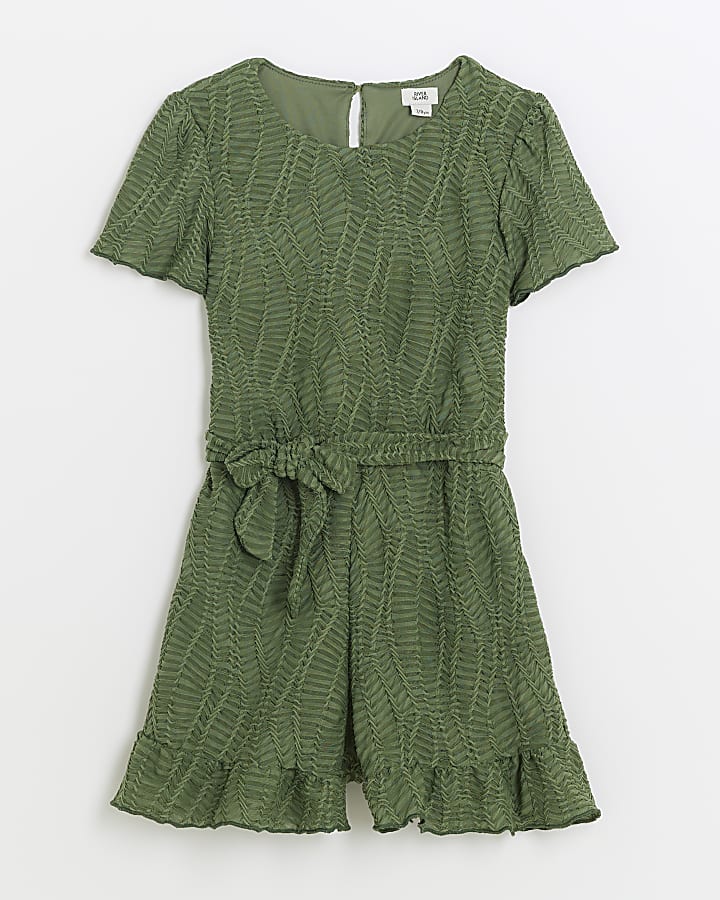 Girls khaki texture belted playsuit River Island