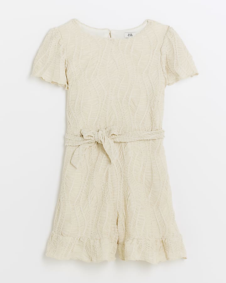 Girls Cream texture belted playsuit River Island