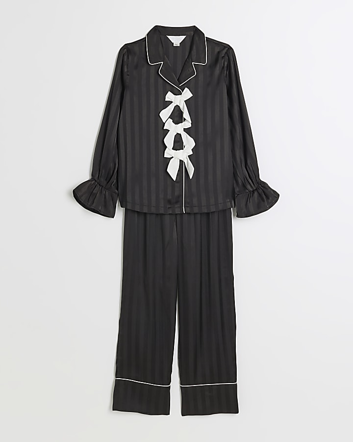 Girls Black Satin Bow Pyjamas