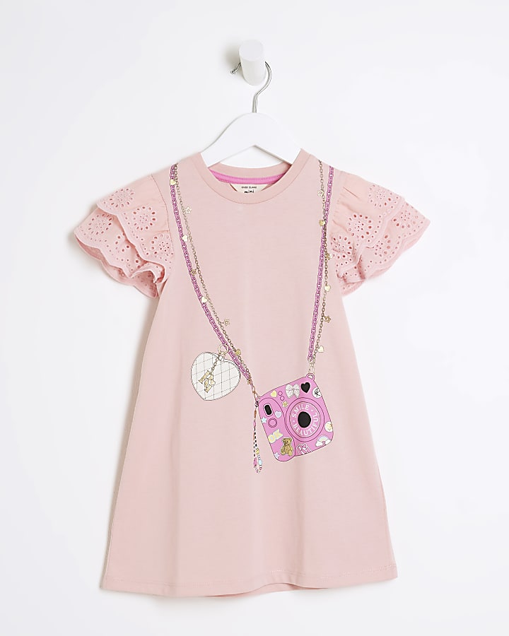 Mini girls pink bag print t-shirt dress