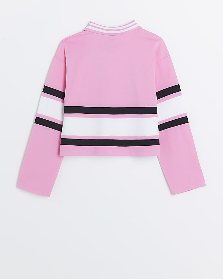 Girls pink striped collared long sleeve top