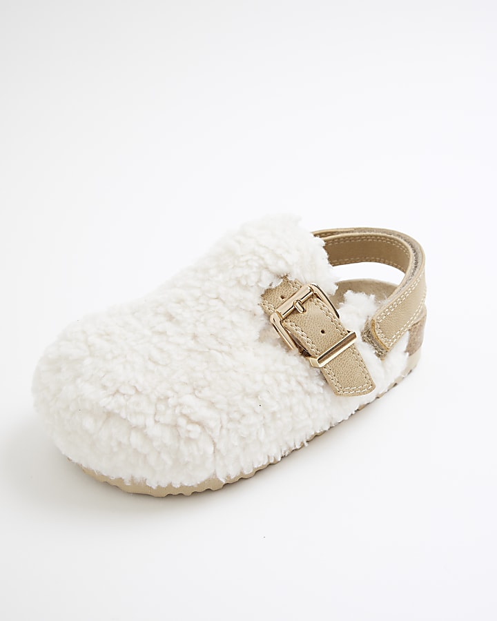 Mini girls cream borg buckle clogs