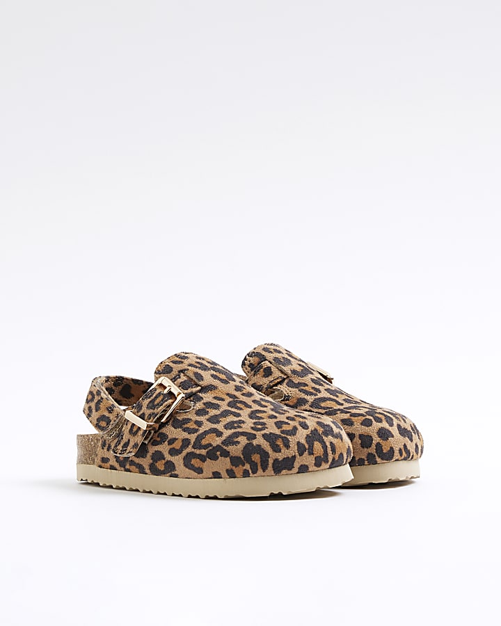 Mini girls brown leopard buckle clogs