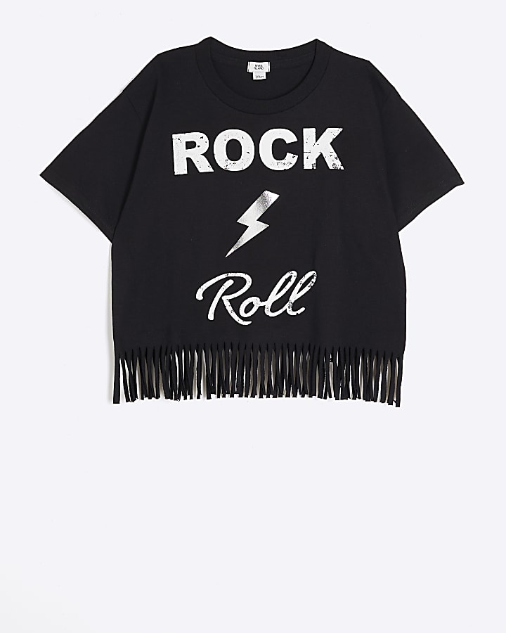 Girls black fringe hem graphic t-shirt