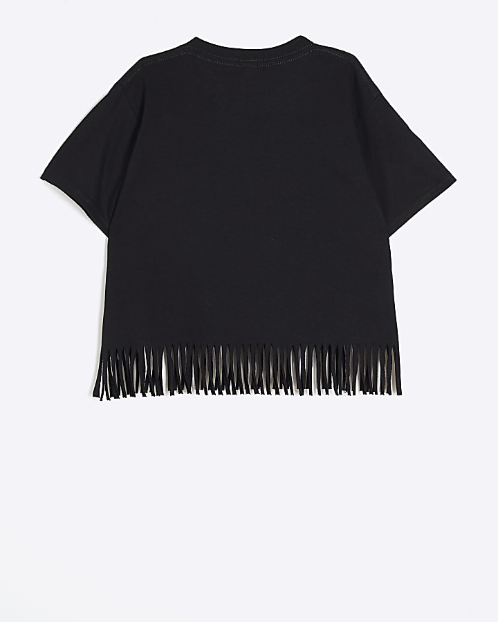 Girls black fringe hem graphic t-shirt