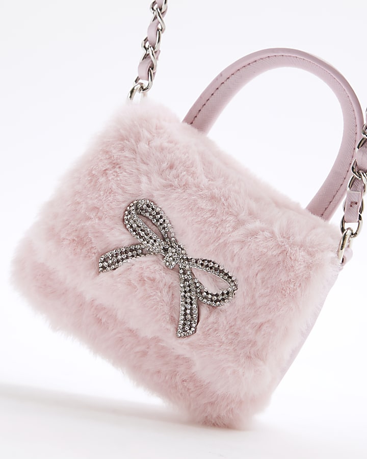 Girls Pink Faux Fur Bow Mini Cross Body Bag