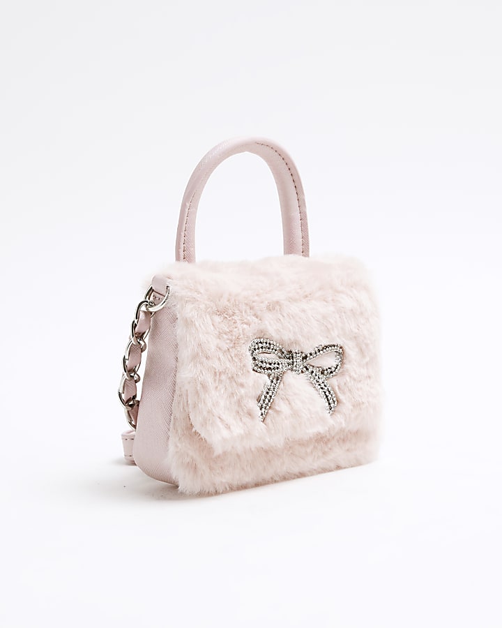 Girls Pink Faux Fur Bow Mini Cross Body Bag