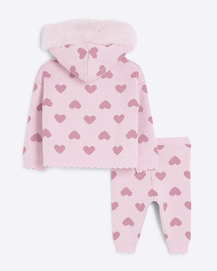 Baby Girls Pink Heart Knit Hooded Set