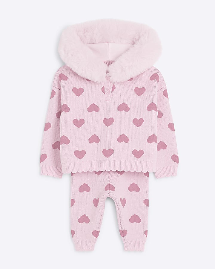 Baby Girls Pink Heart Knit Hooded Set