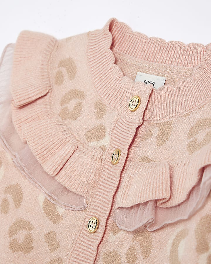 Baby Girls Pink Leopard Frill Cardigan Set