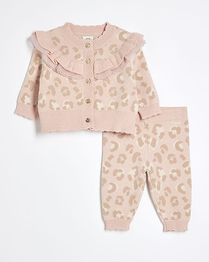 Baby Girls Pink Leopard Frill Cardigan Set