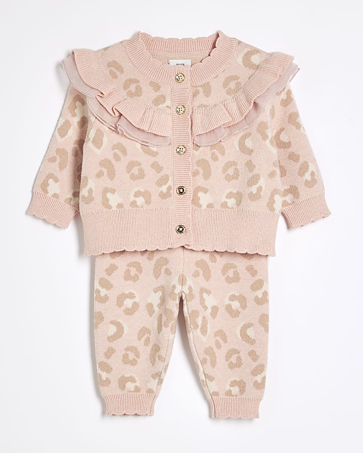 Baby Girls Pink Leopard Frill Cardigan Set