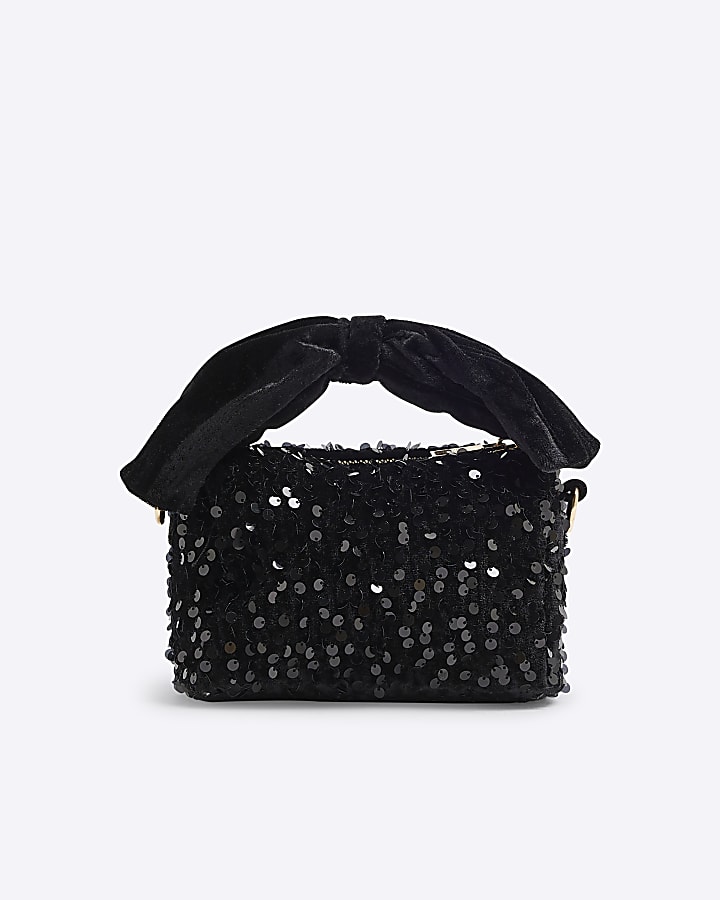 Girls Black Sequin Bow Top Handle Bag