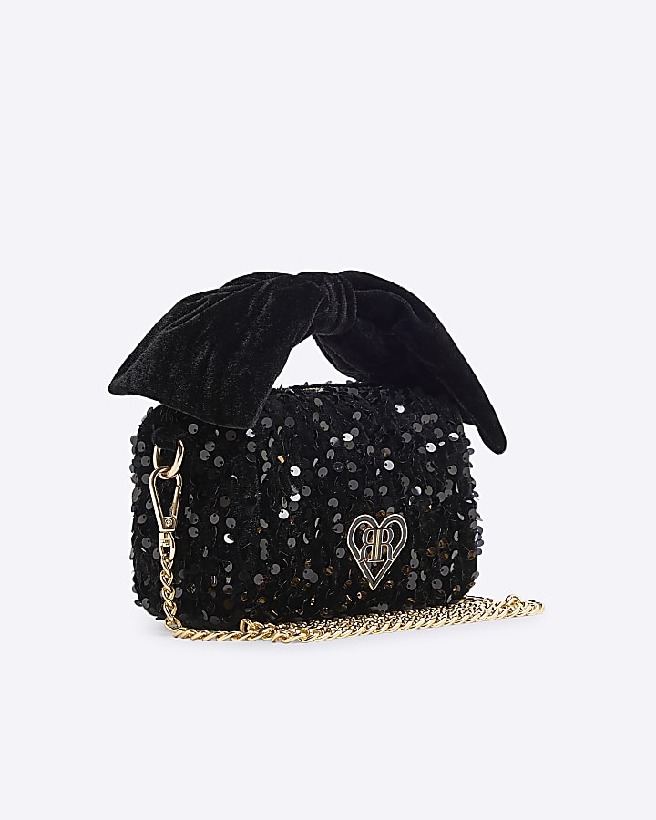 Girls Black Sequin Bow Top Handle Bag