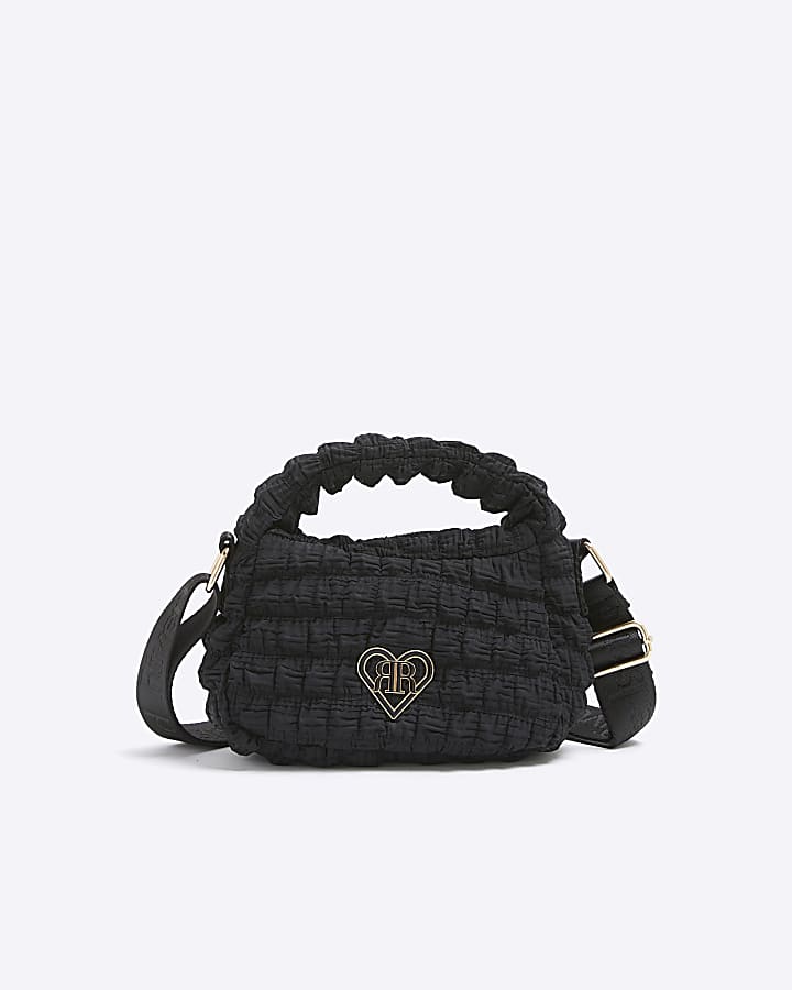 Girls black textured quilted cross body bag