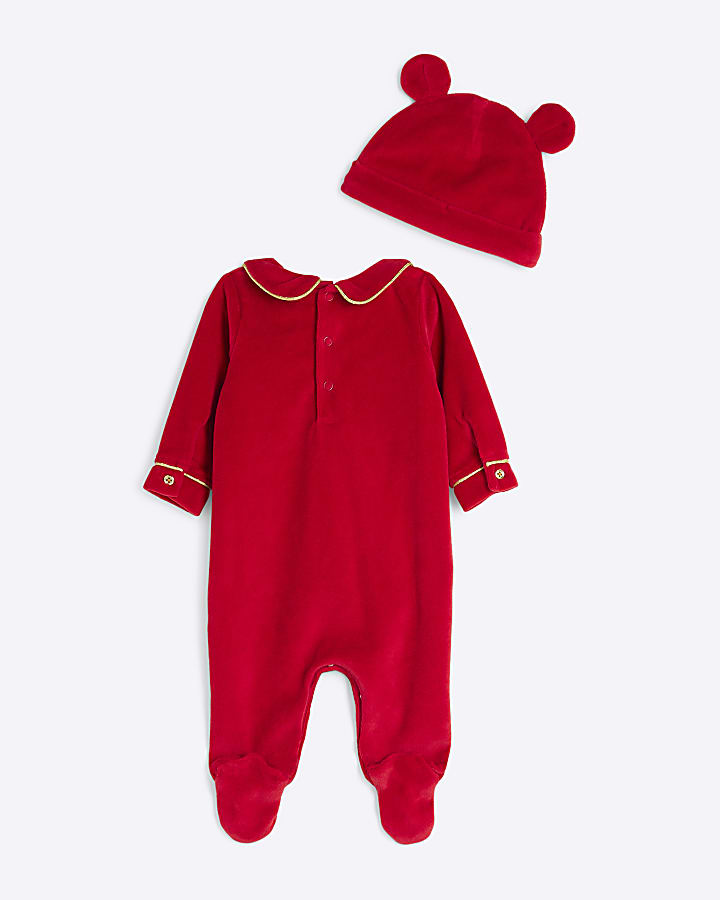 Baby Red Bow Collared Sleepsuit Set