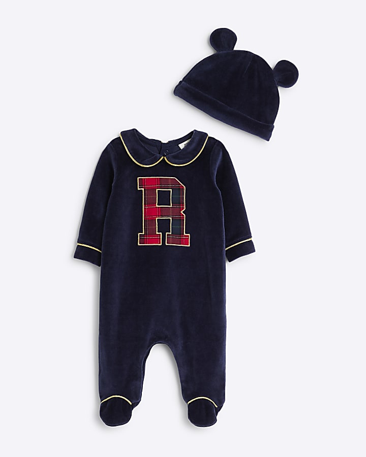 Baby Navy Velour Bear Sleepsuit Set