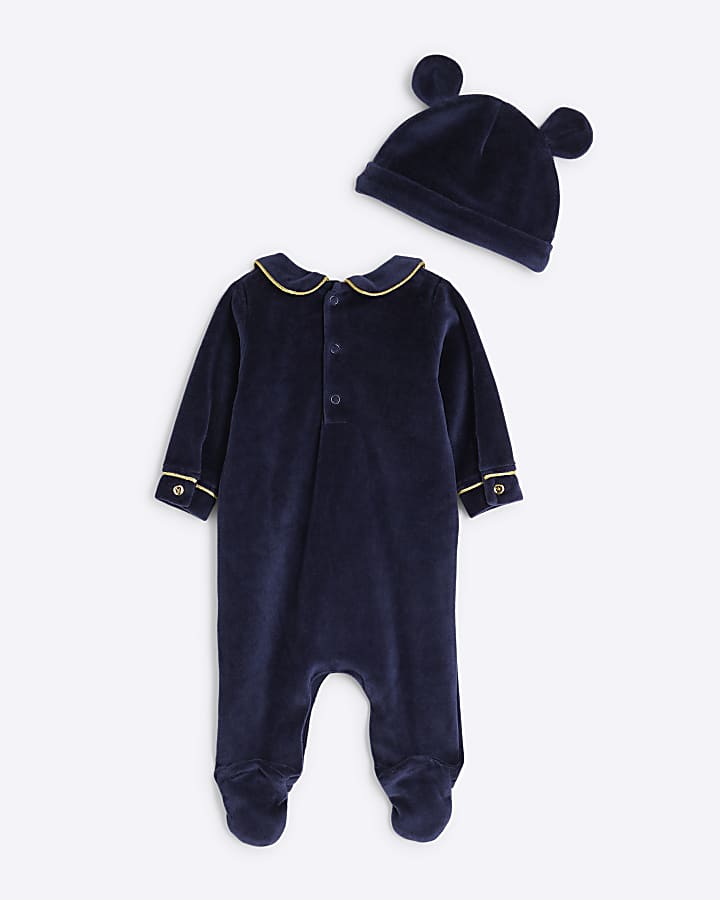 Baby Navy Velour Bear Sleepsuit Set