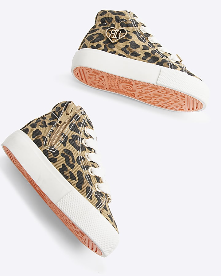 Mini girls brown leopard platform trainers