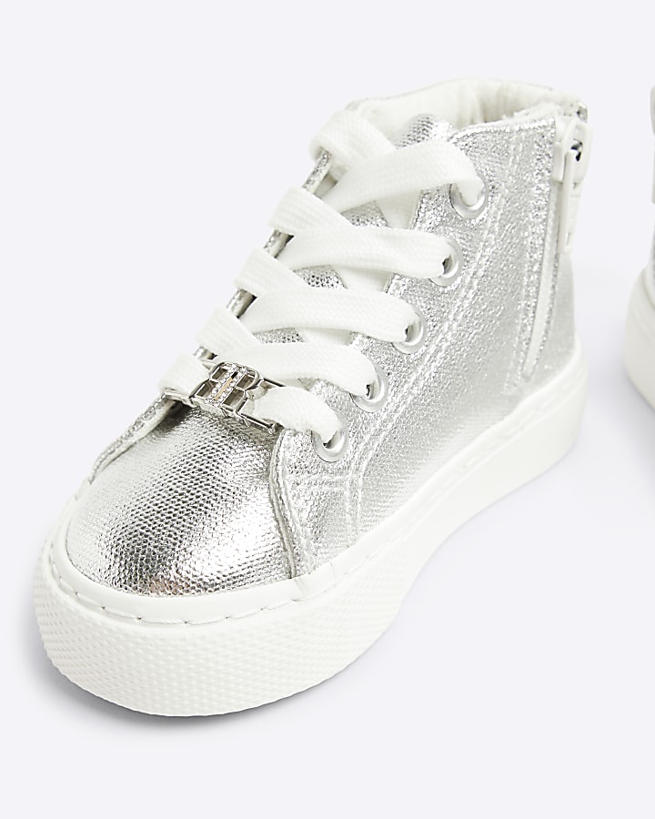 Mini girls silver metallic platform trainers